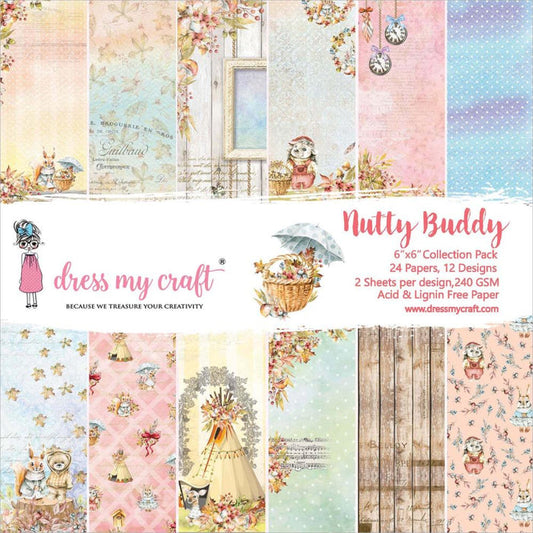 Dress My Crafts - Single-Sided Paper Pad 6"X6" 24/Pkg - Nutty Buddy. This package includes 24 Papers, 12 Designs 2 Sheets per Design, 240 GSM Acid & Lignin Free Paper. Available in Bowmanville Ontario Canada.