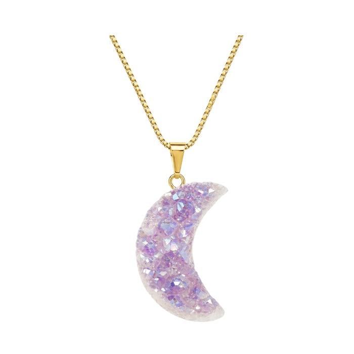 A gold chain necklace with a crescent moon pendant covered in iridescent glitter, shown against a plain white background.