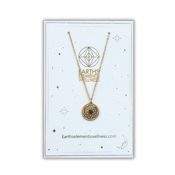 Earths Elements Gold Flower of Life Necklace with Tiger's Eye Gem