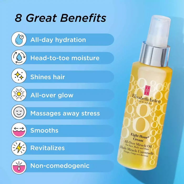 8 Great Benefits includes all day hydration, head to toe moisture, shines hair, all-over glow, massages away stress, smooths, revitalized and non-comedogenic