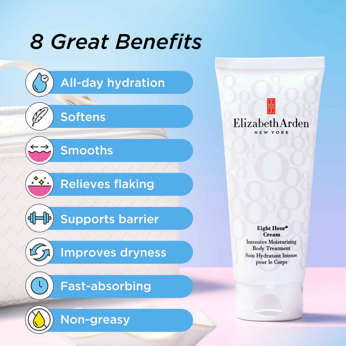 8 Great benefits includes all-day hydration, softens, smooths, relieves flaking, supports barrier, improves dryness, fast-absorbing and non-greasy