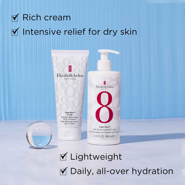 Eight Hour Body Treatment is a rich cream and provides intensive relief for dry skin. Eight Hour Daily Hydrating Body Lotion is lightweight, for daily use and provides all over hydration.