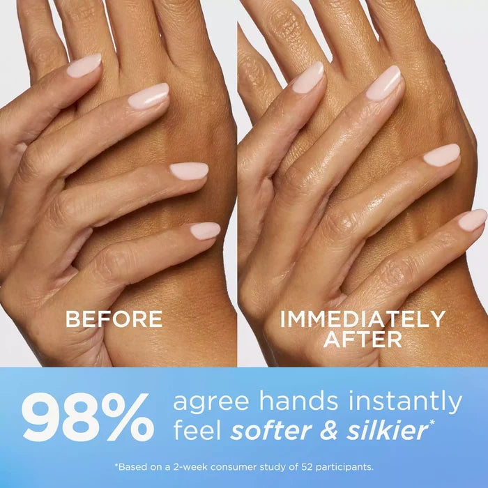 Before and immediately after. 98% agree hands instantly feel softer and silkier* *Based on a 2-week consumer study of 52 participants