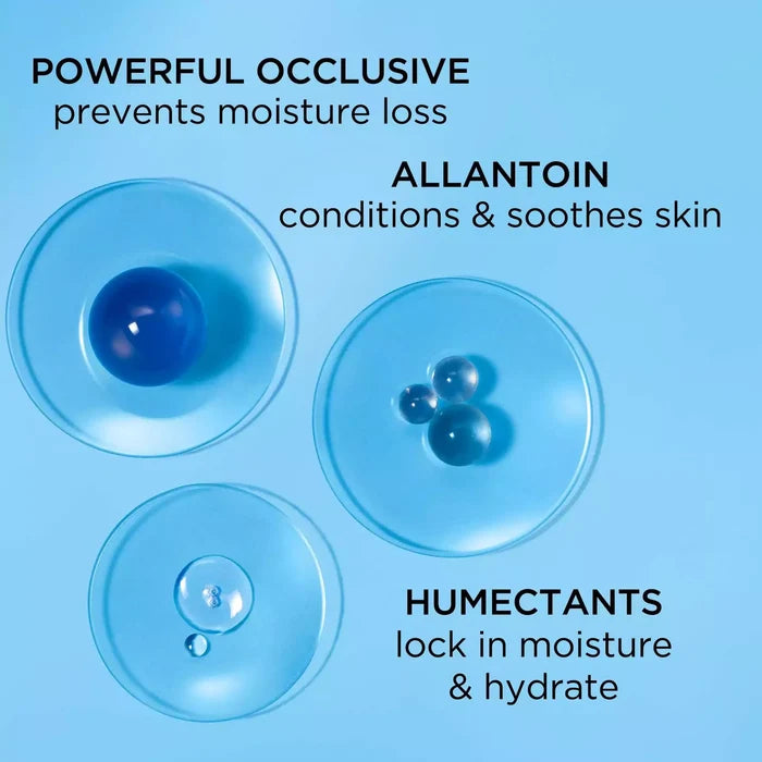 Key ingredients include powerful occlusive that prevents moisture loss, allantoin that conditions and soothes skin and humectants that lock in moisture and hydrate