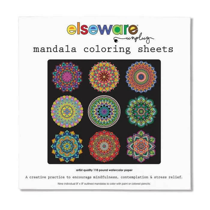 Packaging of mandala coloring sheets by elseware, featuring colorful mandalas on a black background.