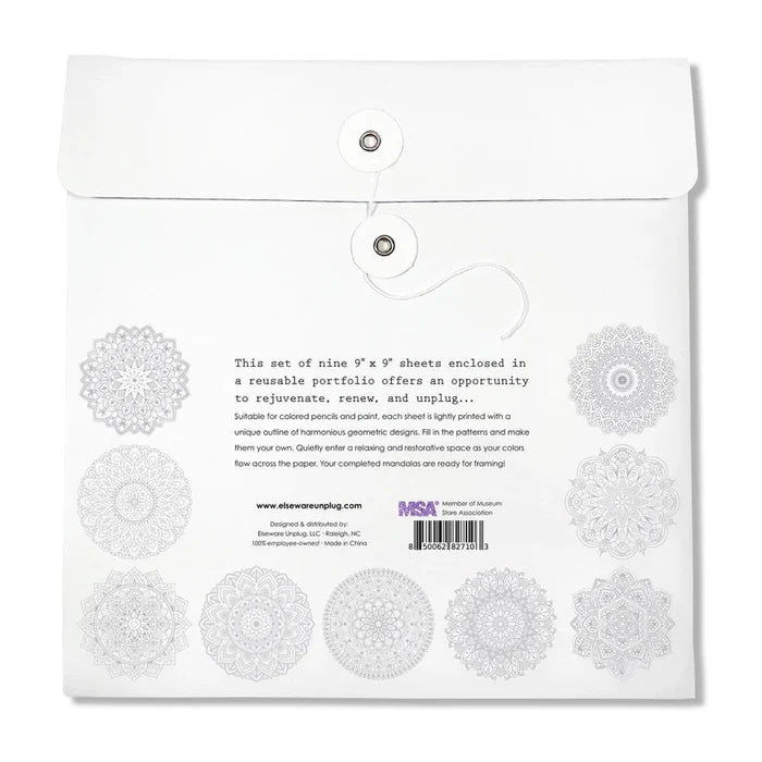 White paper pack with geometric designs and text on a white background