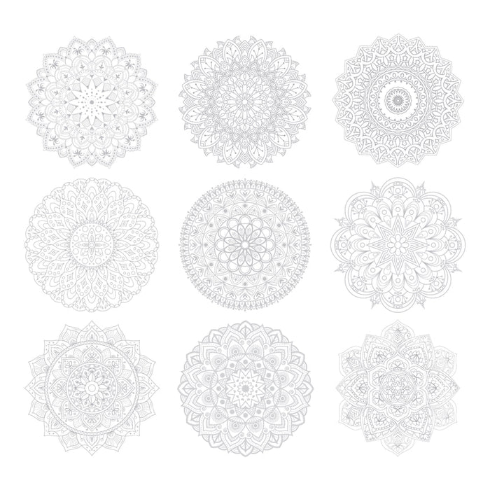 Set of nine white mandala designs on a white background
