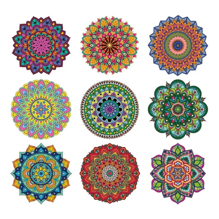 Nine colorful mandala designs on a white background
