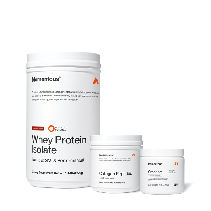 Three Momentous products on black background: Whey Protein Isolate – Chocolate Flavor, Upgraded Formula, Foundational & Performance, 1.44lb (655g); Collagen Peptides – Joint & Bone Health, 15g collagen protein plus 50mg Vitamin C, 1.12lb (507g); Creatine – Signature Spec, Unflavored, 30 Servings, 5.3oz (150g), NSF Certified for Sport.