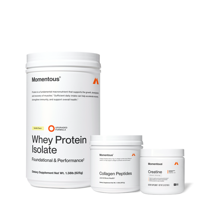 Three Momentous products on black background: Whey Protein Isolate – Vanilla Flavor, Upgraded Formula, Foundational & Performance, 1.38lb (625g); Collagen Peptides – Joint & Bone Health, 15g collagen protein plus 50mg Vitamin C, 1.12lb (507g); Creatine – Signature Spec, Unflavored, 30 Servings, 5.3oz (150g), NSF Certified for Sport.