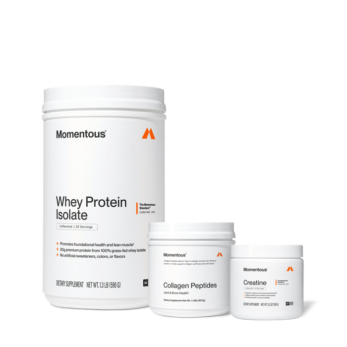 Momentous Whey Protein Isolate, Unflavored, 25 Servings. Promotes foundational health and lean muscle. 20g premium protein from 100% grass-fed whey isolate. No artificial sweeteners, colors, or flavors. Dietary Supplement, Net Wt. 1.3 LB (590 G). Momentous Collagen Peptides. Collagen Peptides deliver 15g of collagen protein plus 50mg of vitamin C to help support collagen synthesis and soft tissue. Joint & Bone Health. Dietary Supplement Net Wt. 1.12lb (507g).