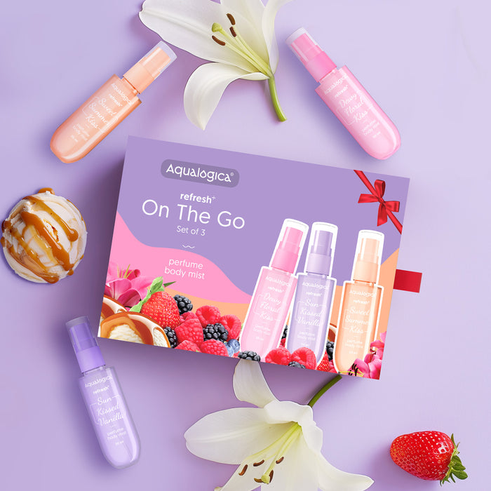 Aqualogica mini body mist set with three fragrance variants