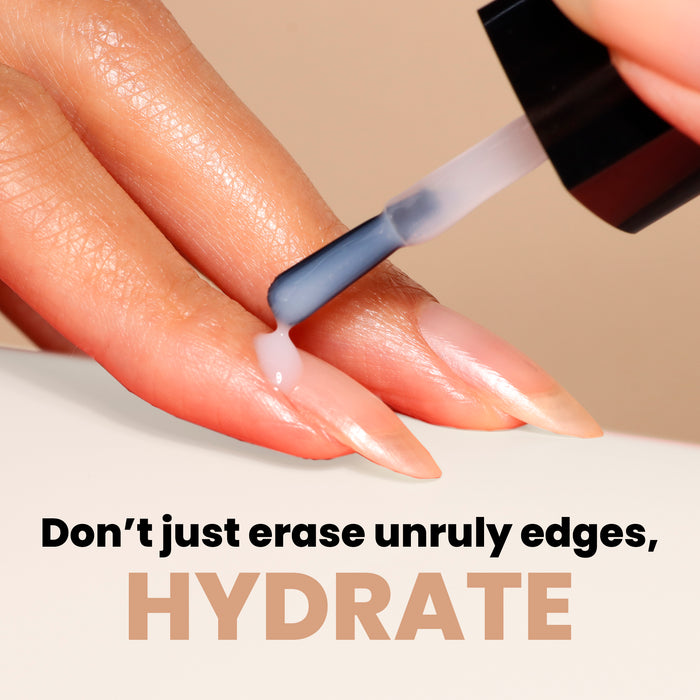 Close-up of a person applying Fresh Glow Cuticle Remover by LONDONTOWN to their nails. Text reads, “Don’t just erase overgrown cuticles, HYDRATE.”