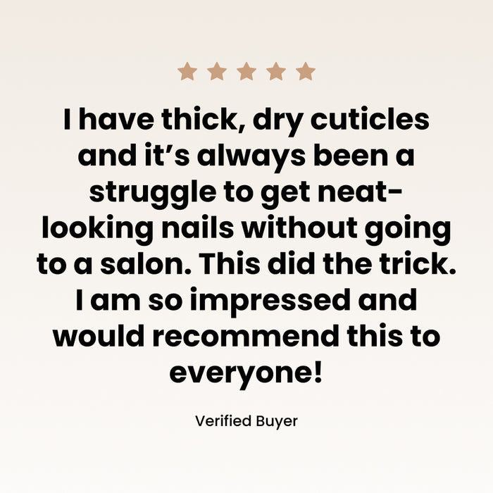 A glowing five-star testimonial praises the LONDONTOWN Fresh Glow Cuticle Remover as the perfect solution for thick, dry cuticles. Customers highly recommend it for transforming overgrown cuticles into ones that are healthy and hydrated.