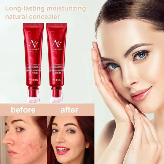 Long-lasting moisturizing natural concealer with before and after results, showcasing reduced acne and smooth skin