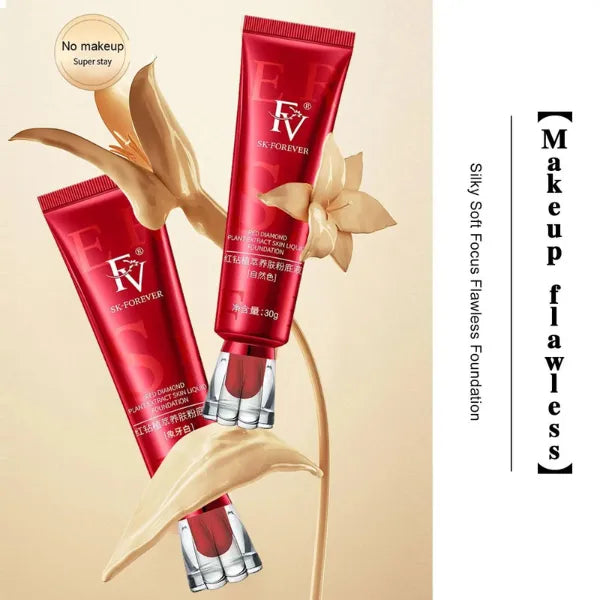 Red tubes of SK-Forever liquid foundation with smooth beige foundation swatches and floral accents, makeup flawless.