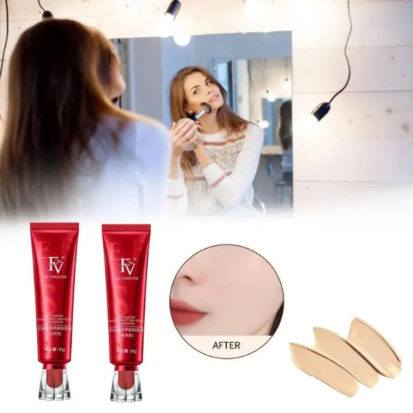 Woman applying makeup with red FX Forever tubes and foundation swatches, showing smooth skin after use