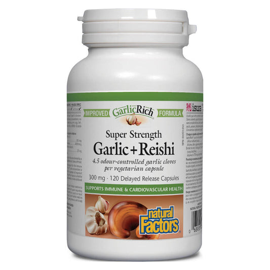 Bottle of Natural Factors GarlicRich® Super Strength Garlic + Reishi 120 Delayed-Release Capsules