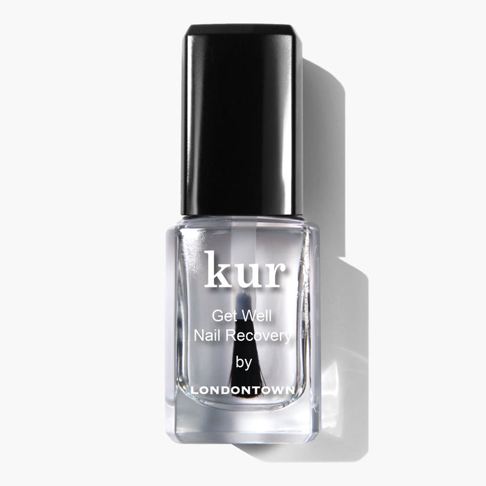A bottle of 'LONDONTOWN Get Well Nail Recovery' with a black cap and transparent liquid inside, shown against a white background, promises intense treatment with advanced hydrators and strengtheners for your nails.
