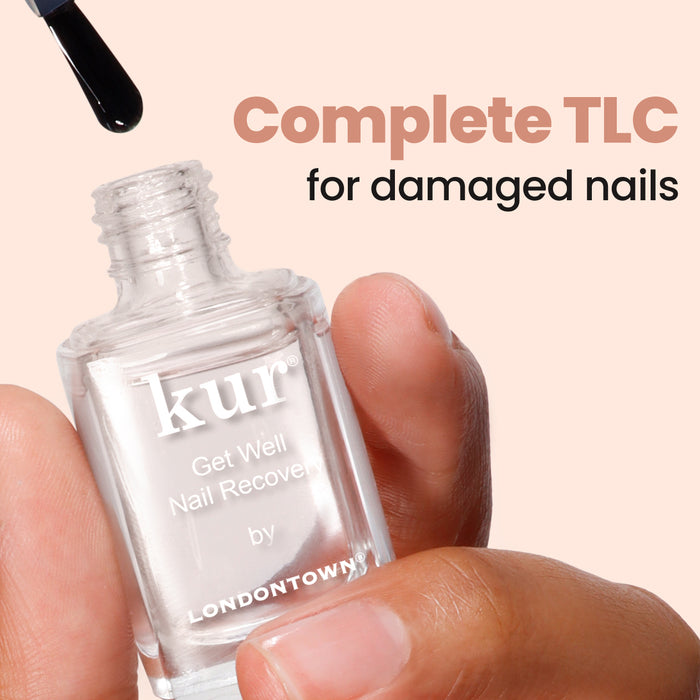 A hand holds an open bottle of LONDONTOWN Get Well Nail Recovery with a dropper above it, accompanied by the text: "Complete TLC for ultra weak nails.