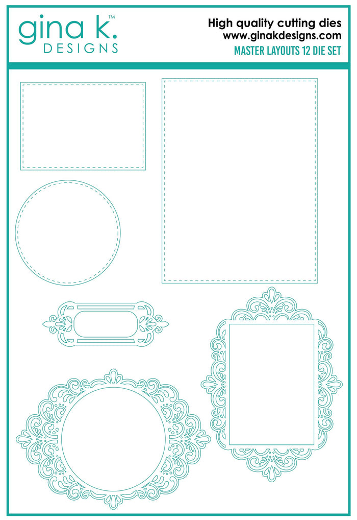 Gina K. Designs - Dies Master Layouts 12. Gina K Designs wafer thin metal-etched dies are the highest quality available for your paper crafting projects. Available at Embellish Away located in Bowmanville Ontario Canada.