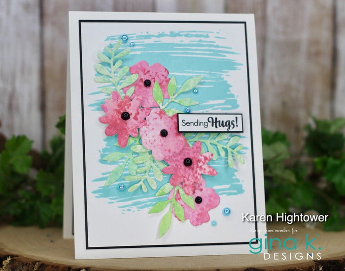Gina K. Designs - Dies - Spring Flowers. Our dies are compatible with most die-cutting machines. Follow the manufacturer's instructions for your specific machine for cutting wafer-thin dies. Available at Embellish Away located in Bowmanville Ontario Canada. Card example by brand ambassador.