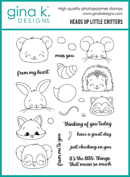 Gina K. Designs - Stamp & Die Set - Heads Up Little Critters. Set by Dina Gerner. At Embellish Away in Bowmanville Ontario Canada.