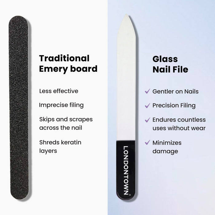 Comparison image showing a traditional emery board on the left and the LONDONTOWN Glass Nail File - White on the right, with descriptive text about their effectiveness, precision, durability, and damage-free impact on nails.
