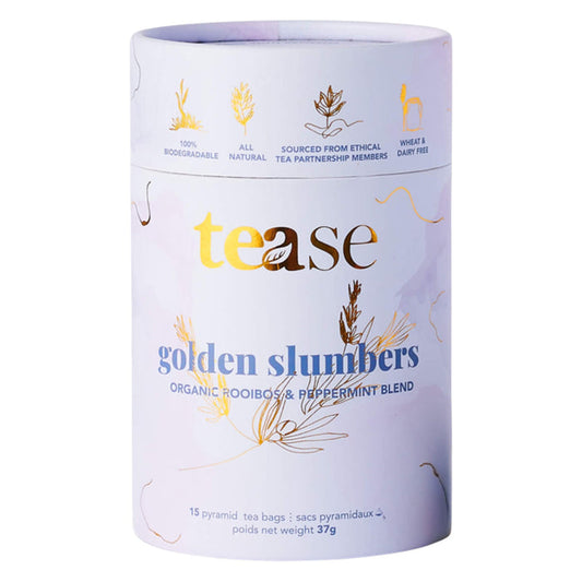 Container of Tease Tea Golden Slumbers (Organic) 15 Pyramid Tea Bags