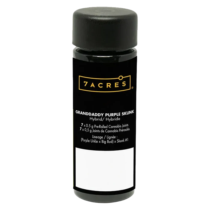 Tall front-facing black 7ACRES Granddaddy Purple Skunk PR 7 x 0.5 g container with yellow logo and white label text on a white background