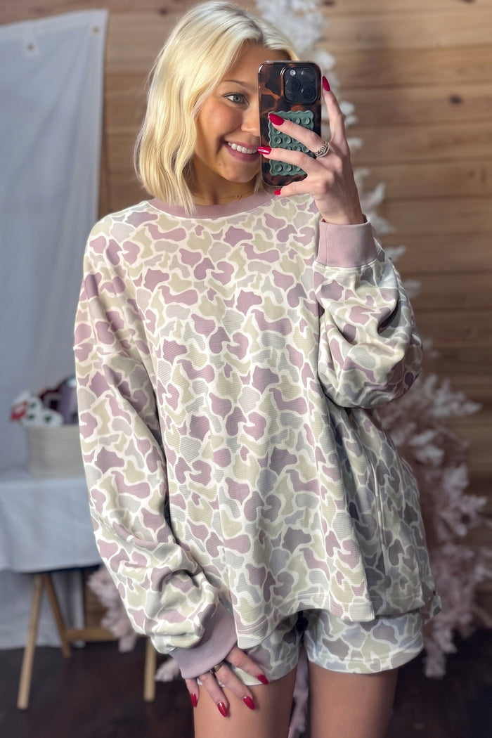 Green Camouflage Waffle Knit Long Sleeve Top Casual Shorts Set 🇺🇸