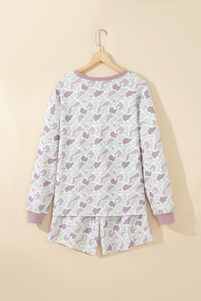Green Camouflage Waffle Knit Long Sleeve Top Casual Shorts Set 🇺🇸
