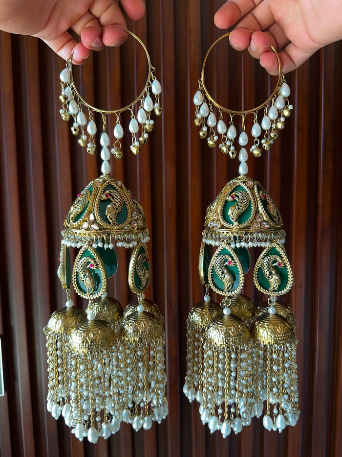 Green Peacock Bridal Antique Kaliras with Pearl-Like Drops