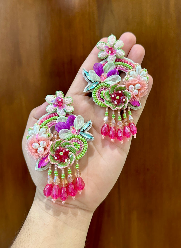 Green & Pink Handmade Floral Beaded Earrings with Pink Drops