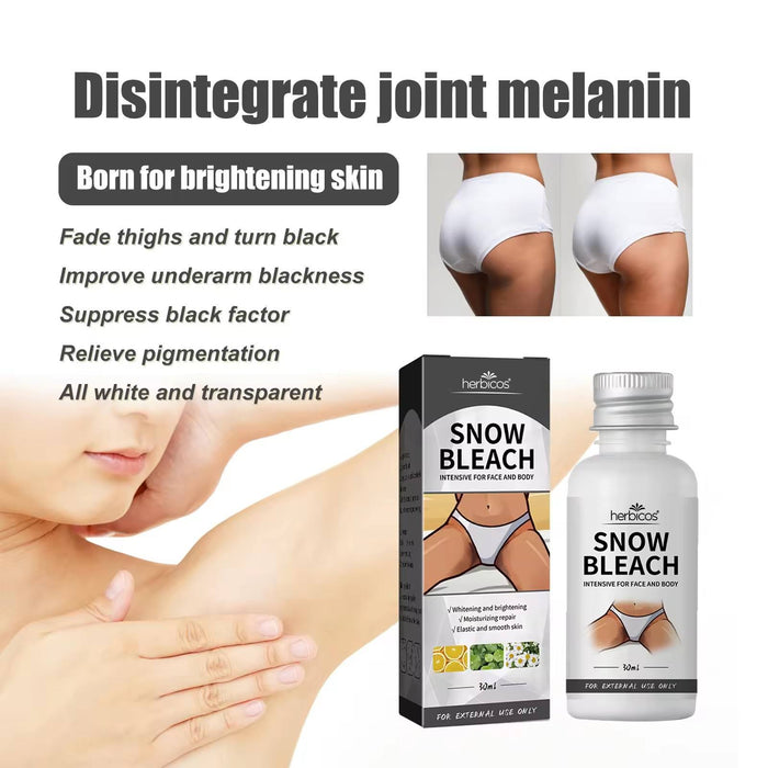 Herbicos Snow Bleach bottle and box with text about brightening skin and reducing pigmentation on armpits and thighs