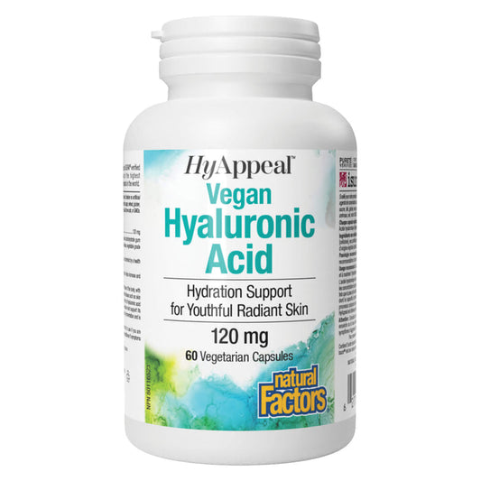 Bottle of Natural Factors HyAppeal Vegan Hyaluronic Acid 120 mg 60 Capsules