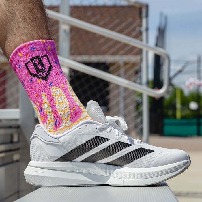 Adult model wearing multi-color Ice Cream Performance Poly Socks 3-Pack Cotton Candy 3