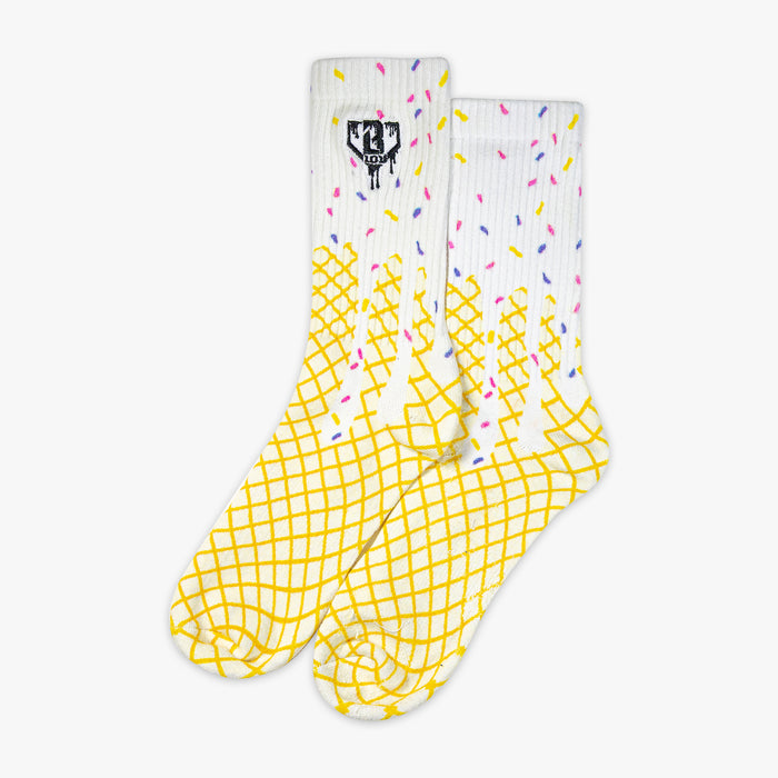 Adult model wearing 3 with "Ice Cream Socks 3-Pack" design