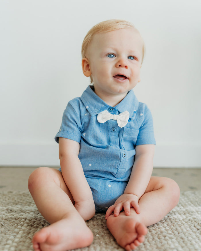 Isla Bowtie Chambray Organic Baby Boy Romper