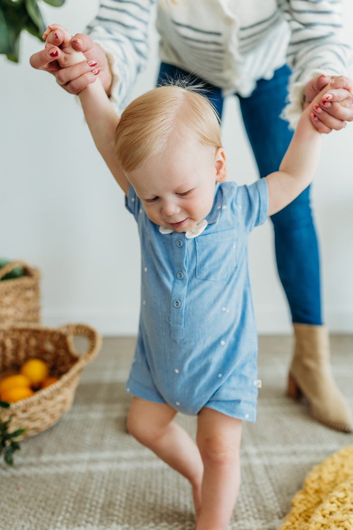 Isla Bowtie Chambray Organic Baby Boy Romper