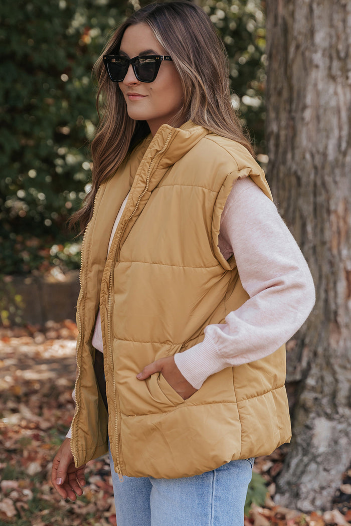 Khaki Oversized Stand Collar Zip Winter Vest 🇺🇸