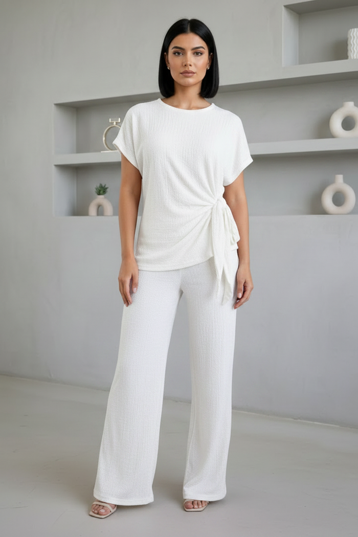 Ladies Womens Popcorn Short Sleeve Tie Side Knot Co-Ord 2Pcs Set 🇬🇧