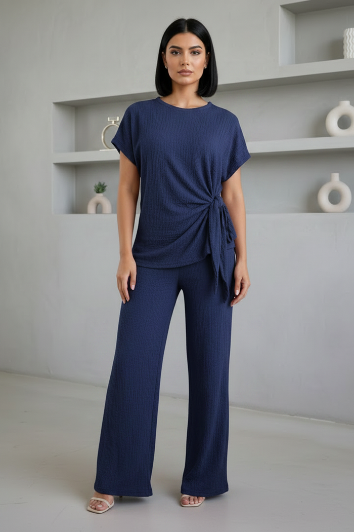 Ladies Womens Popcorn Short Sleeve Tie Side Knot Co-Ord 2Pcs Set 🇬🇧