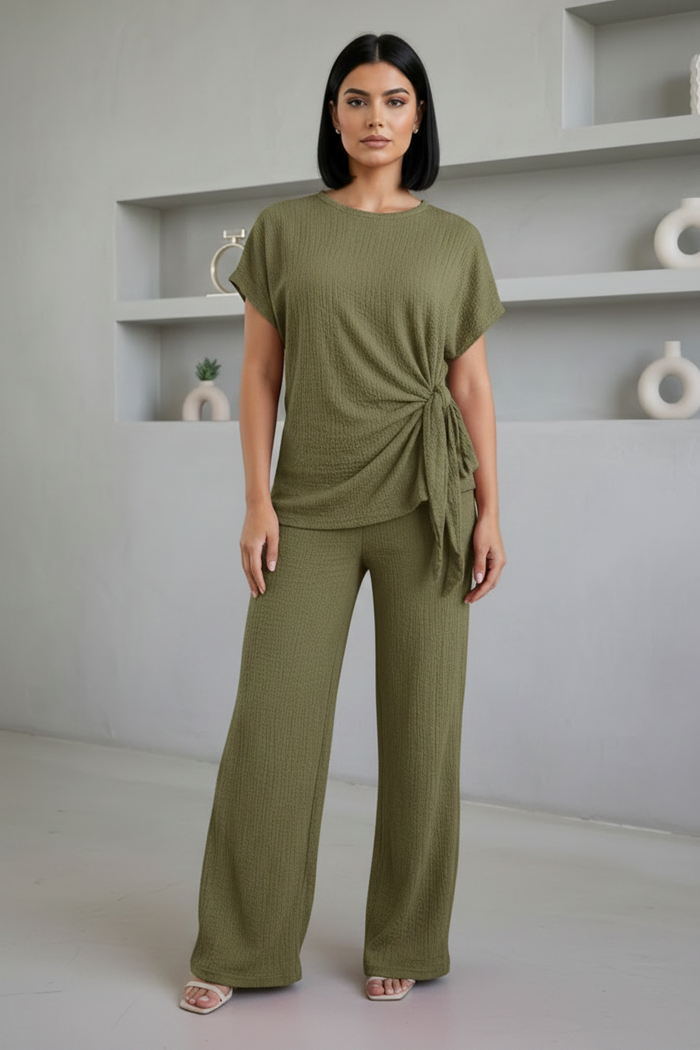 Ladies Womens Popcorn Short Sleeve Tie Side Knot Co-Ord 2Pcs Set 🇬🇧