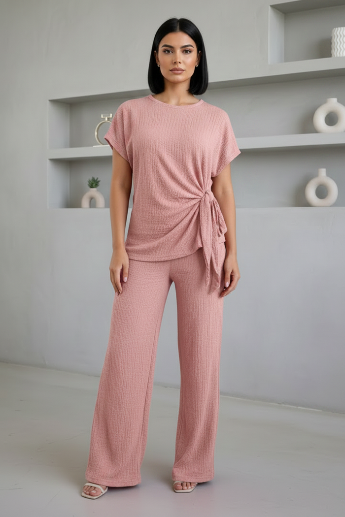 Ladies Womens Popcorn Short Sleeve Tie Side Knot Co-Ord 2Pcs Set 🇬🇧