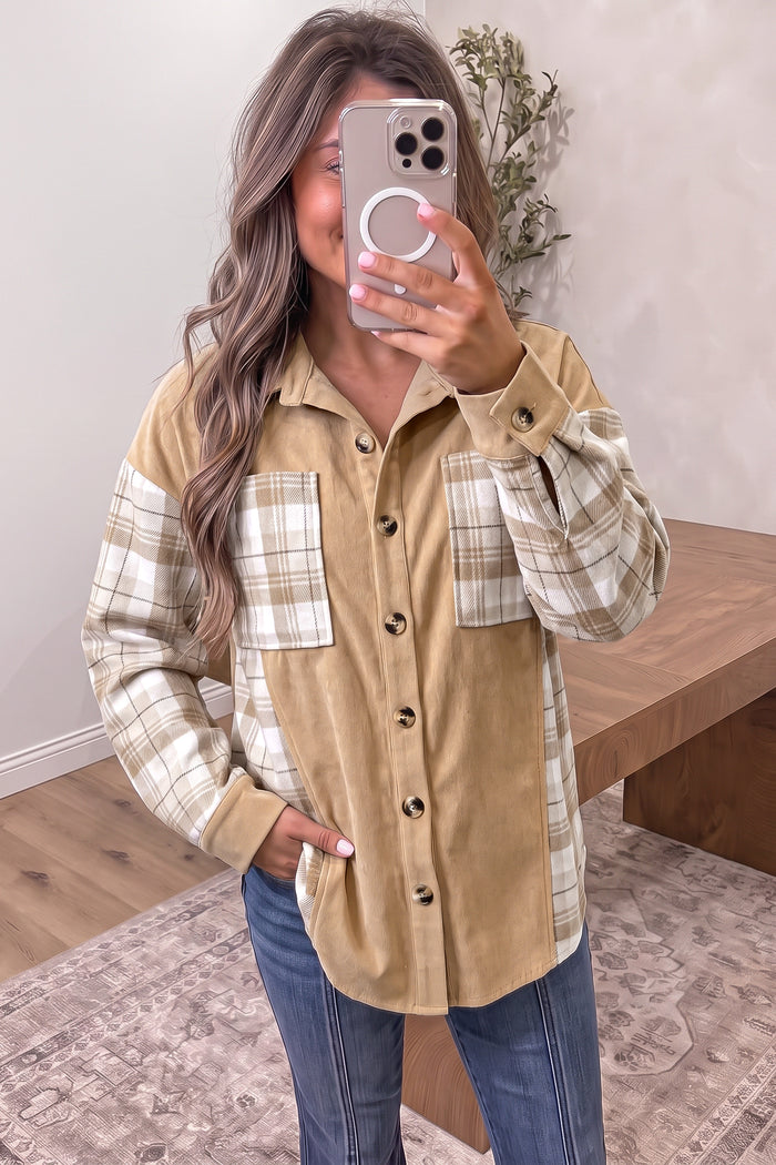 Light French Beige Plaid Colorblock Shirt Collar Shift Shacket 🇺🇸