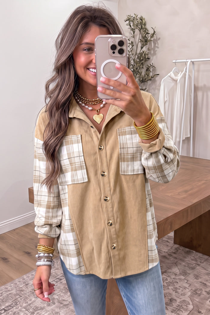Light French Beige Plaid Colorblock Shirt Collar Shift Shacket 🇺🇸