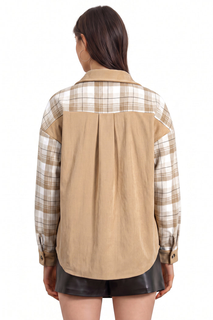 Light French Beige Plaid Colorblock Shirt Collar Shift Shacket 🇺🇸