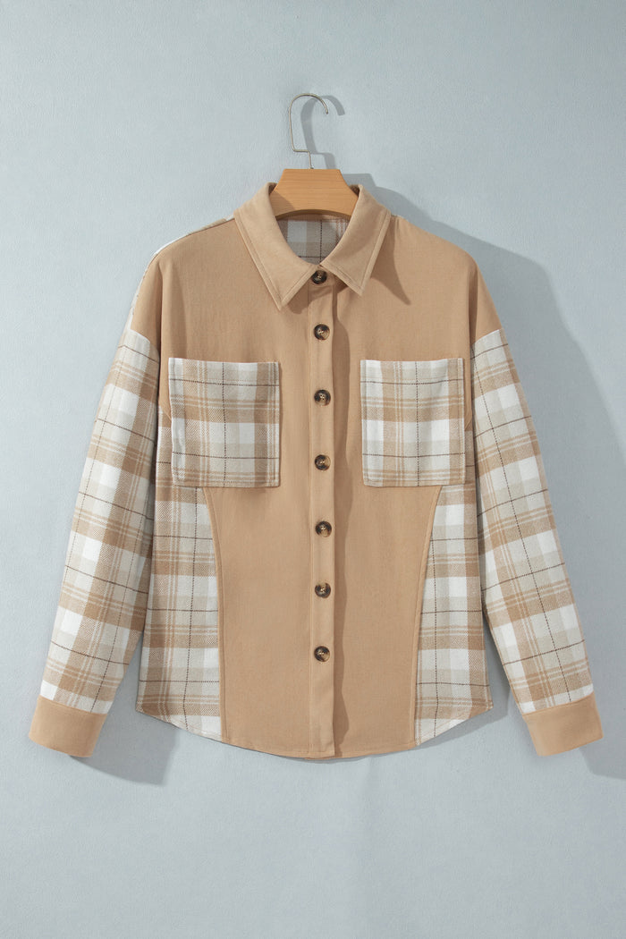 Light French Beige Plaid Colorblock Shirt Collar Shift Shacket 🇺🇸
