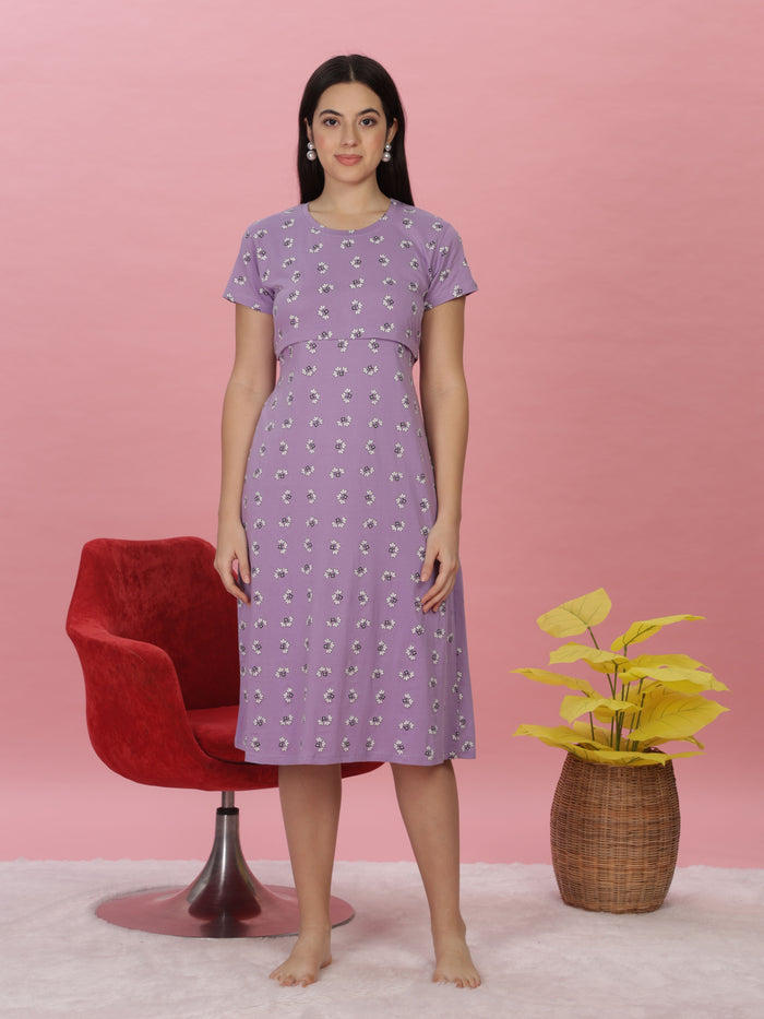 Lilac Soft Cotton Nursing Maternity Short Nightdress